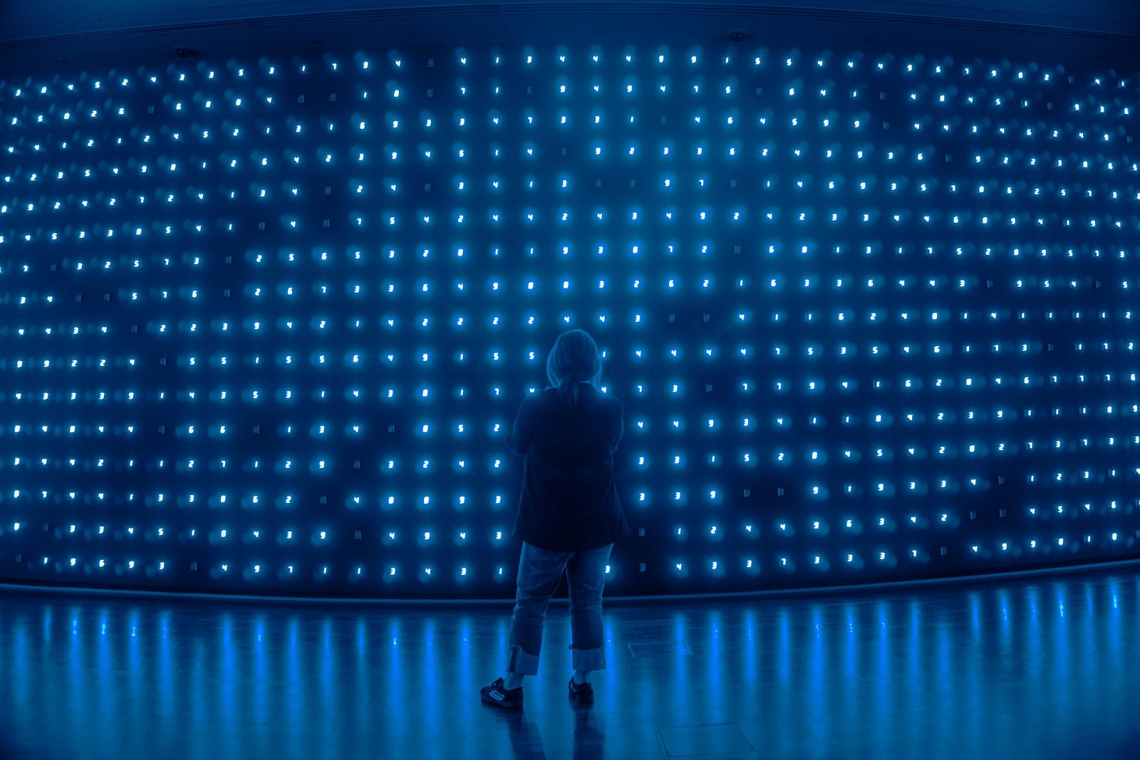 A person looking at a bunch of blue lights, resembling a network